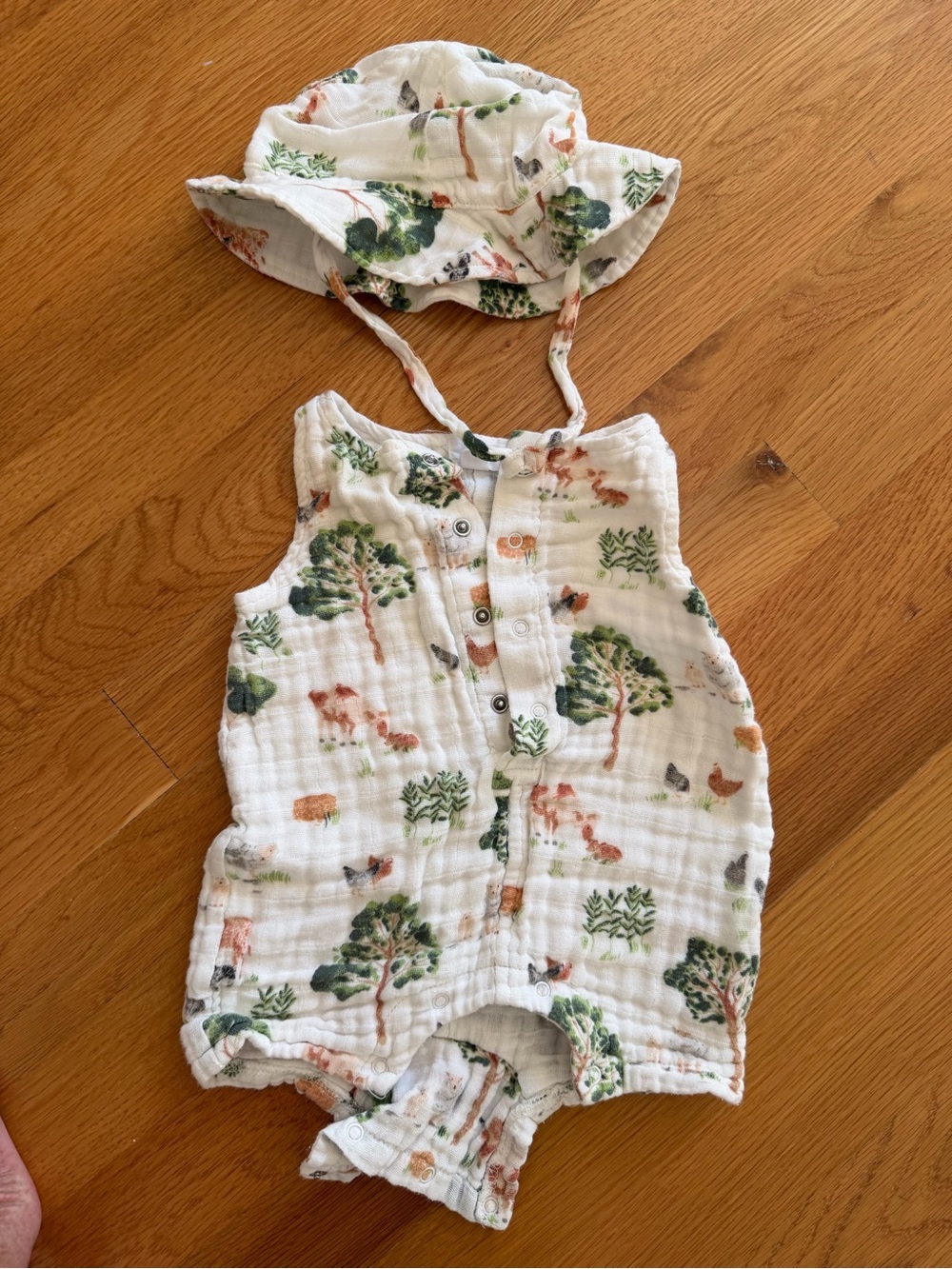 Angel Dear White Muslin Romper & Sun Hat Set with Green and Brown Woodland Print
